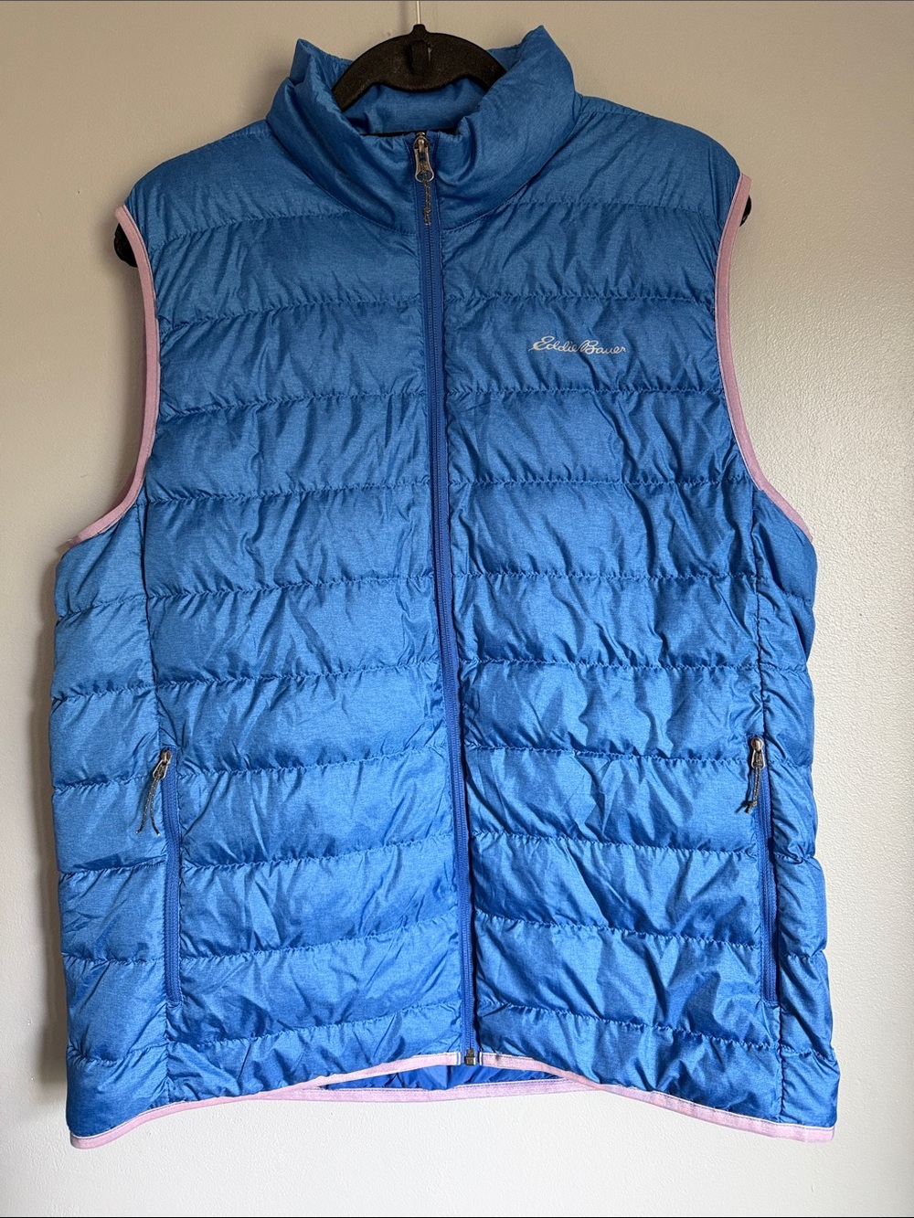 Eddie Bauer Blue Down Puffer Vest Pink Trim Men's Large EB650 Full Zip Hiking
